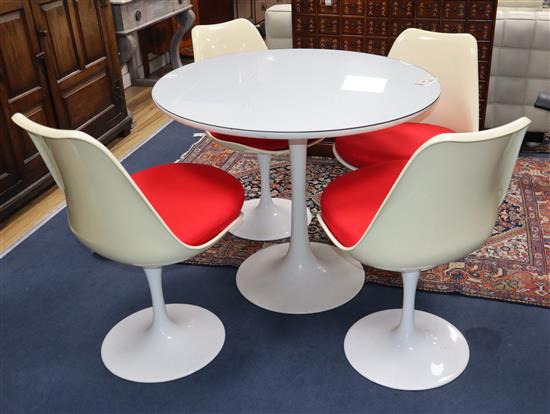 A 1960s pedestal table and four chairs Table Diameter 90cm